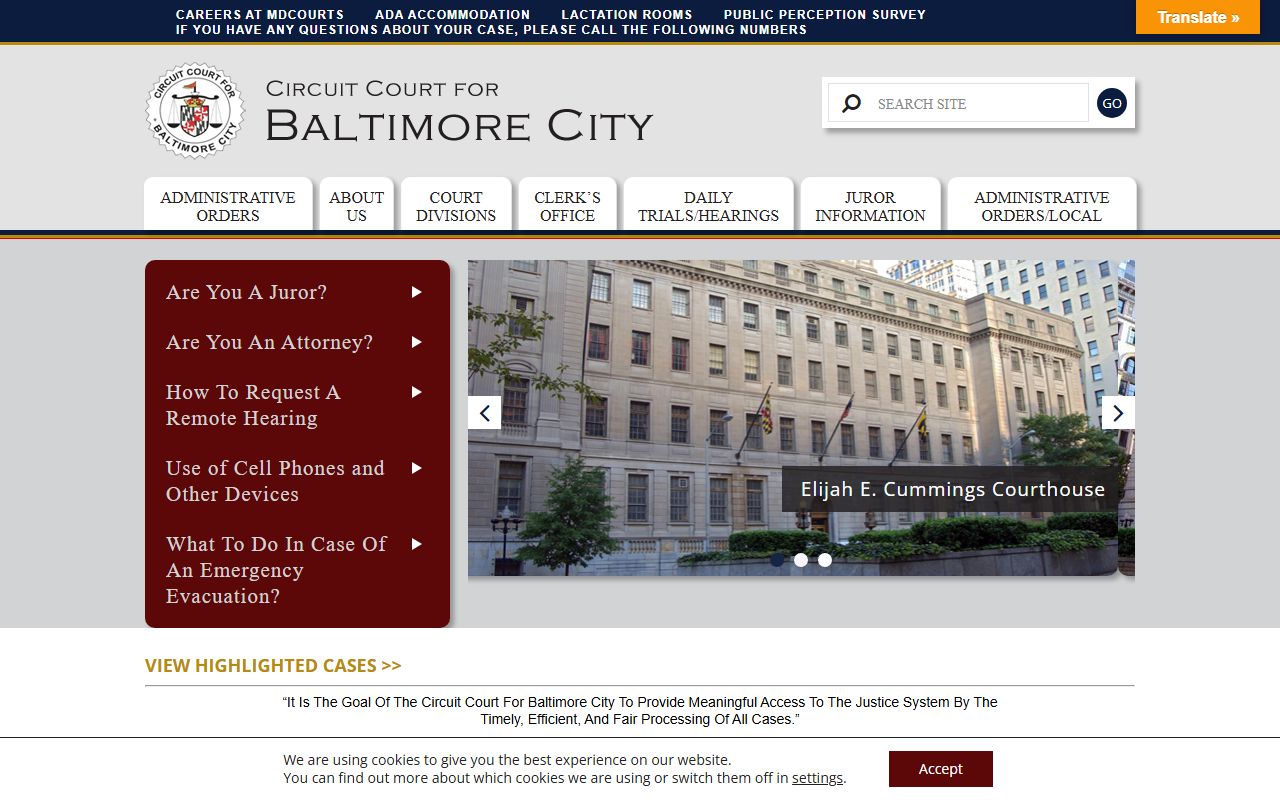 Baltimore City Circuit Court website for Baltimore City court docket records