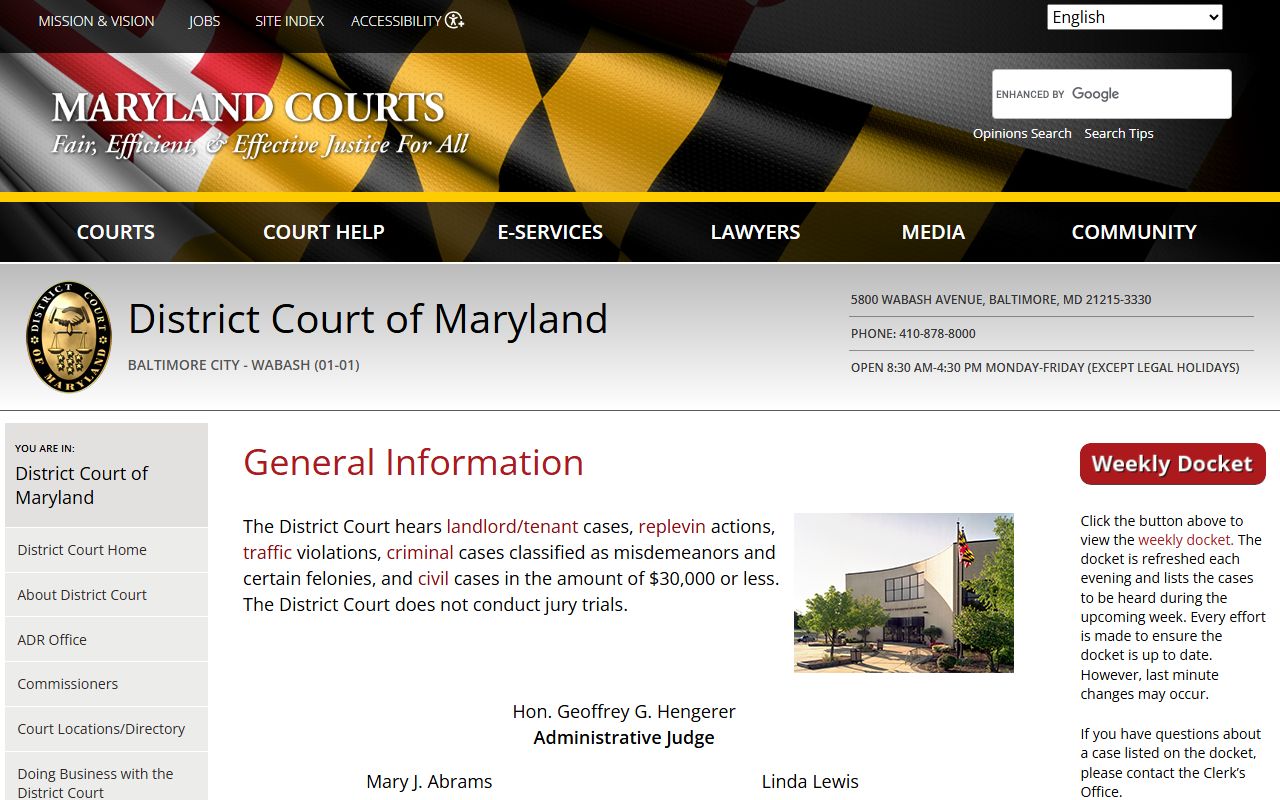 Baltimore City Wabash District Court for Baltimore City court docket records