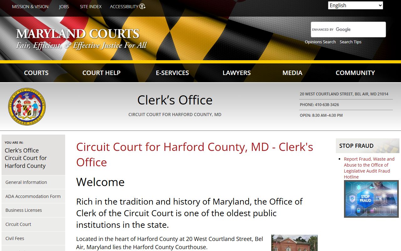 Harford County clerk court docket records Bel Air South