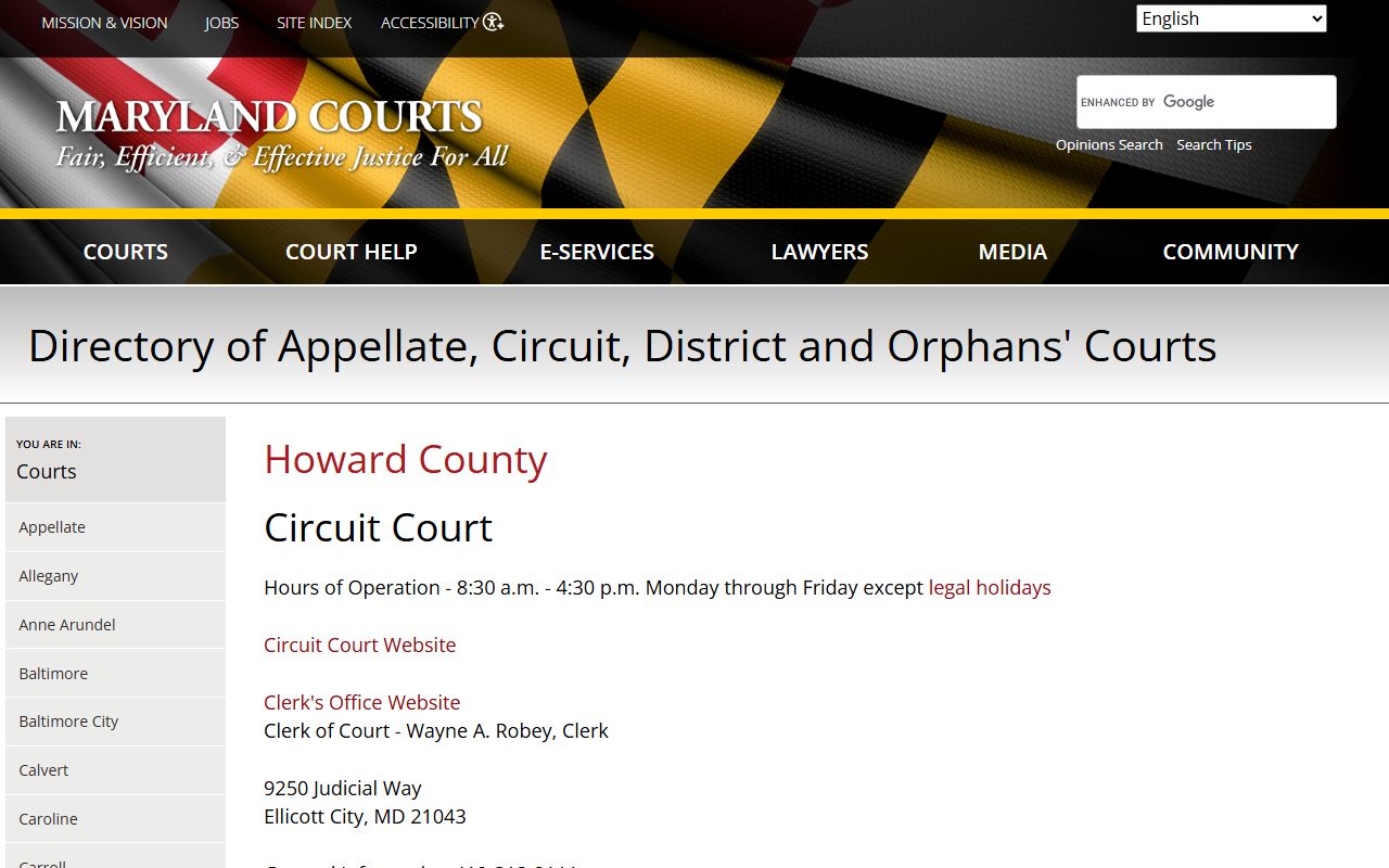 Howard County courts directory for Columbia court docket records