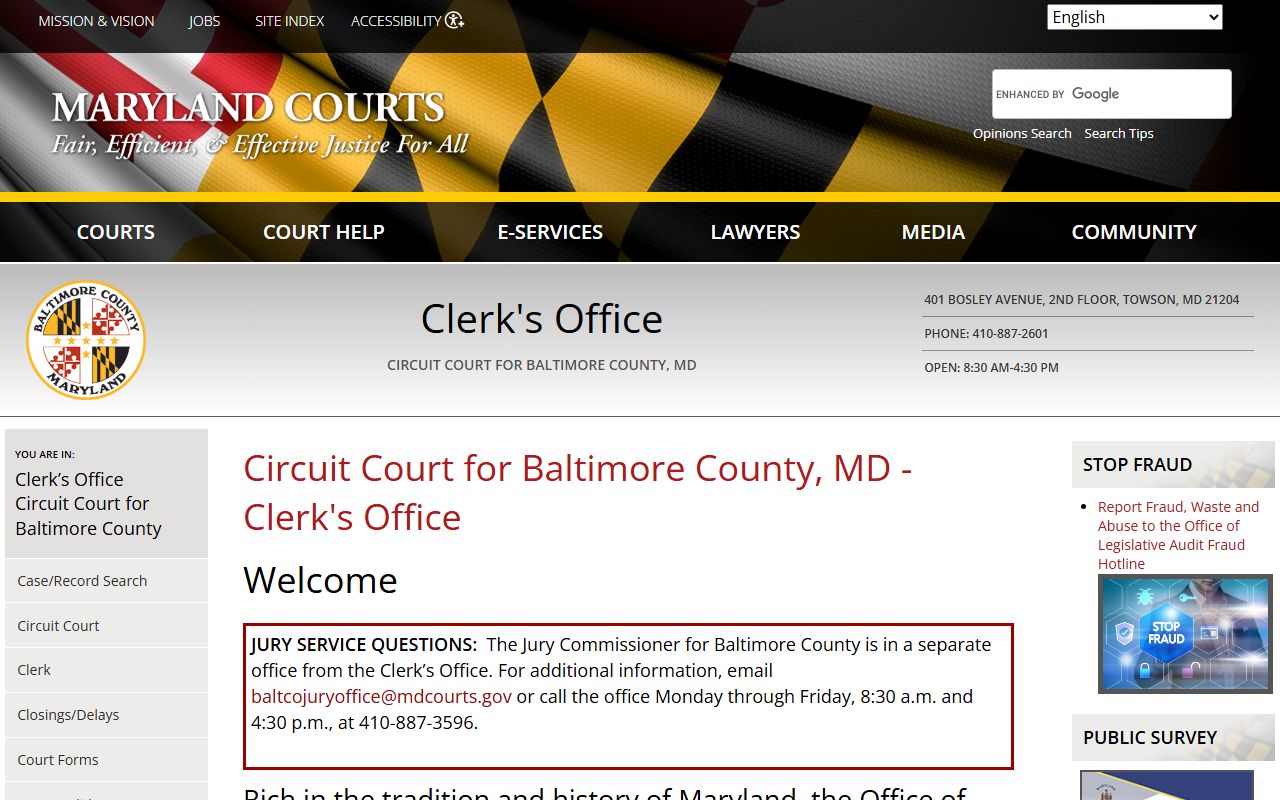 Towson court docket records Baltimore County clerk