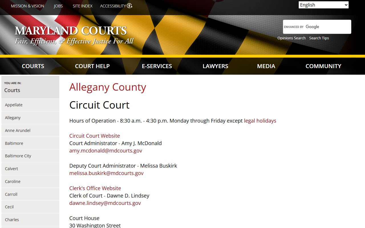 Allegany County courts directory showing Circuit and District Court locations