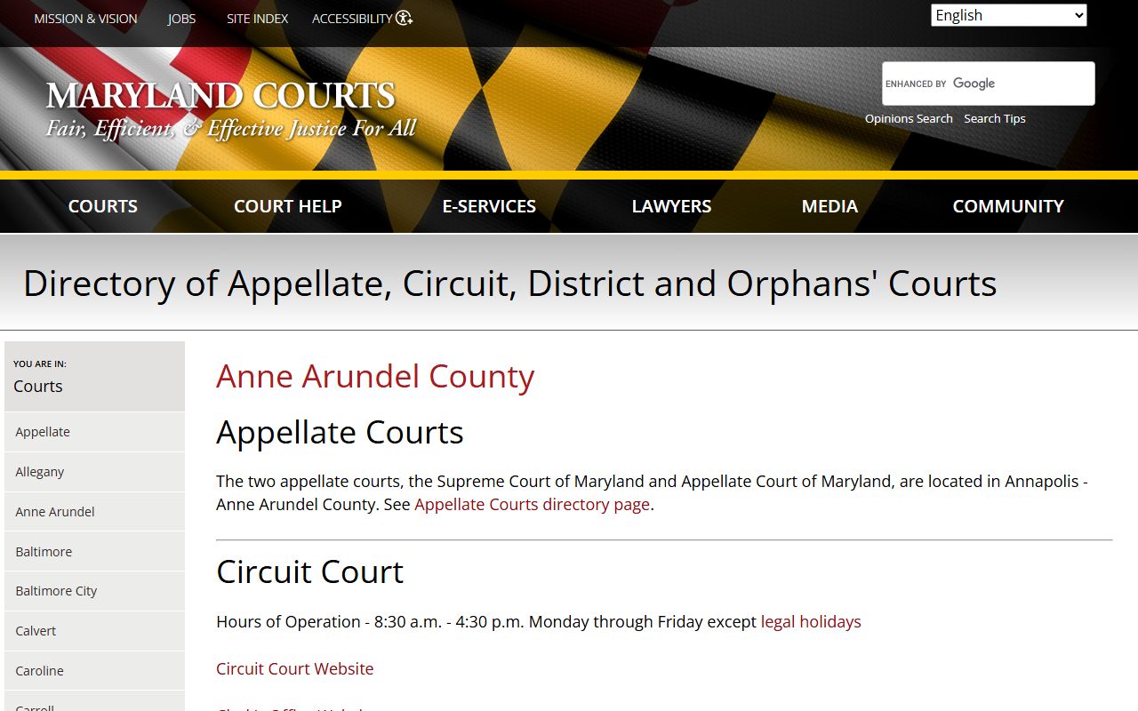 Anne Arundel County courts directory listing Circuit and District Court locations