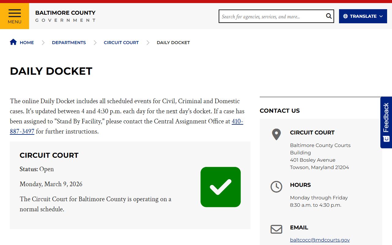 Baltimore County Circuit Court daily docket showing scheduled hearings
