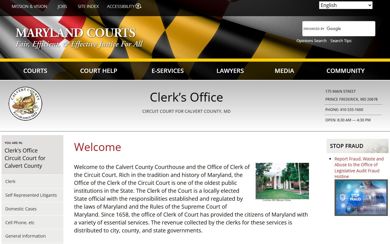 Calvert County Circuit Court Clerk page showing services and docket access