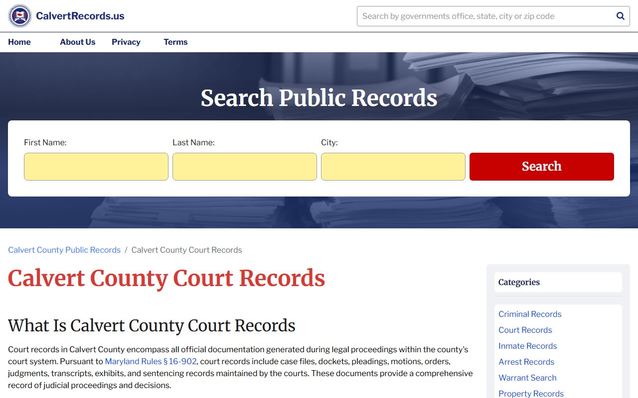 Calvert Records website showing court record information for Calvert County