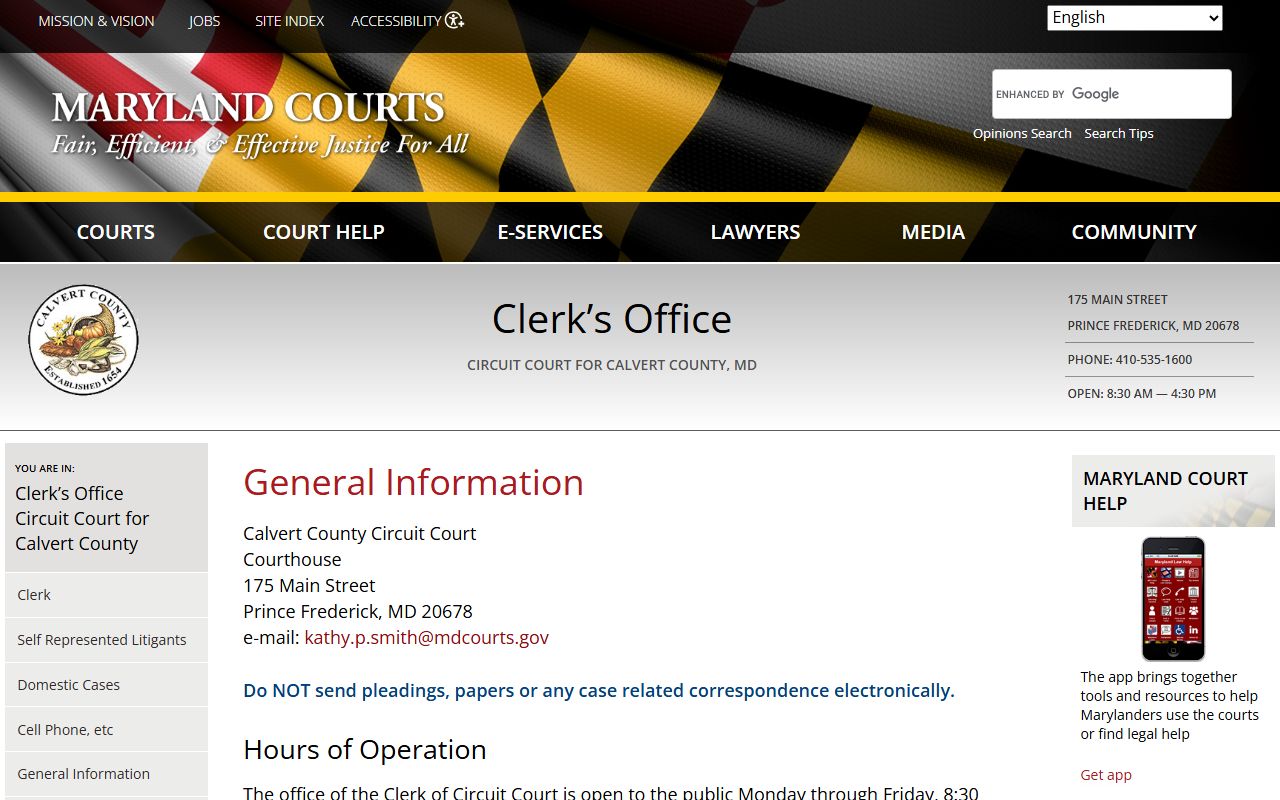 Calvert County Circuit Court Clerk general information and contact page