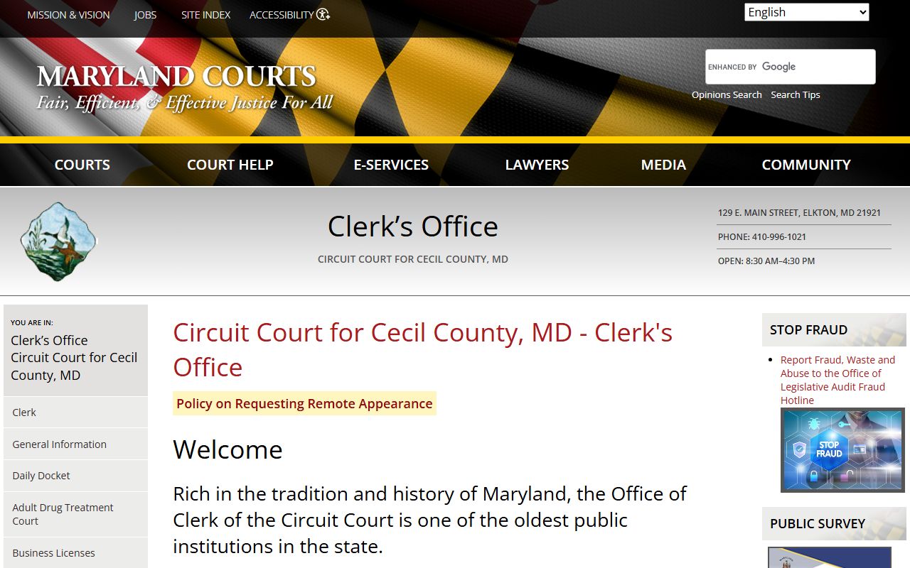 Cecil County Circuit Court Clerk page for court docket records in Elkton