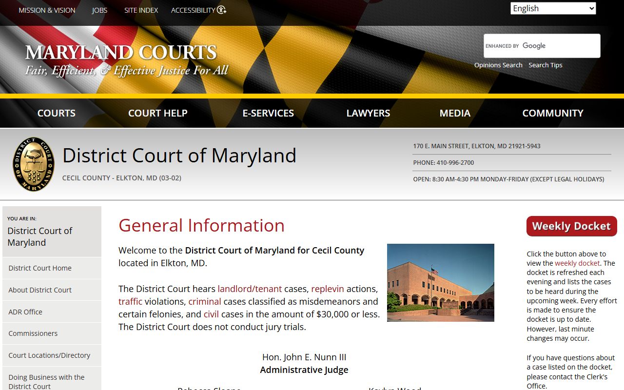 Cecil County District Court directory for court docket access in northeastern Maryland