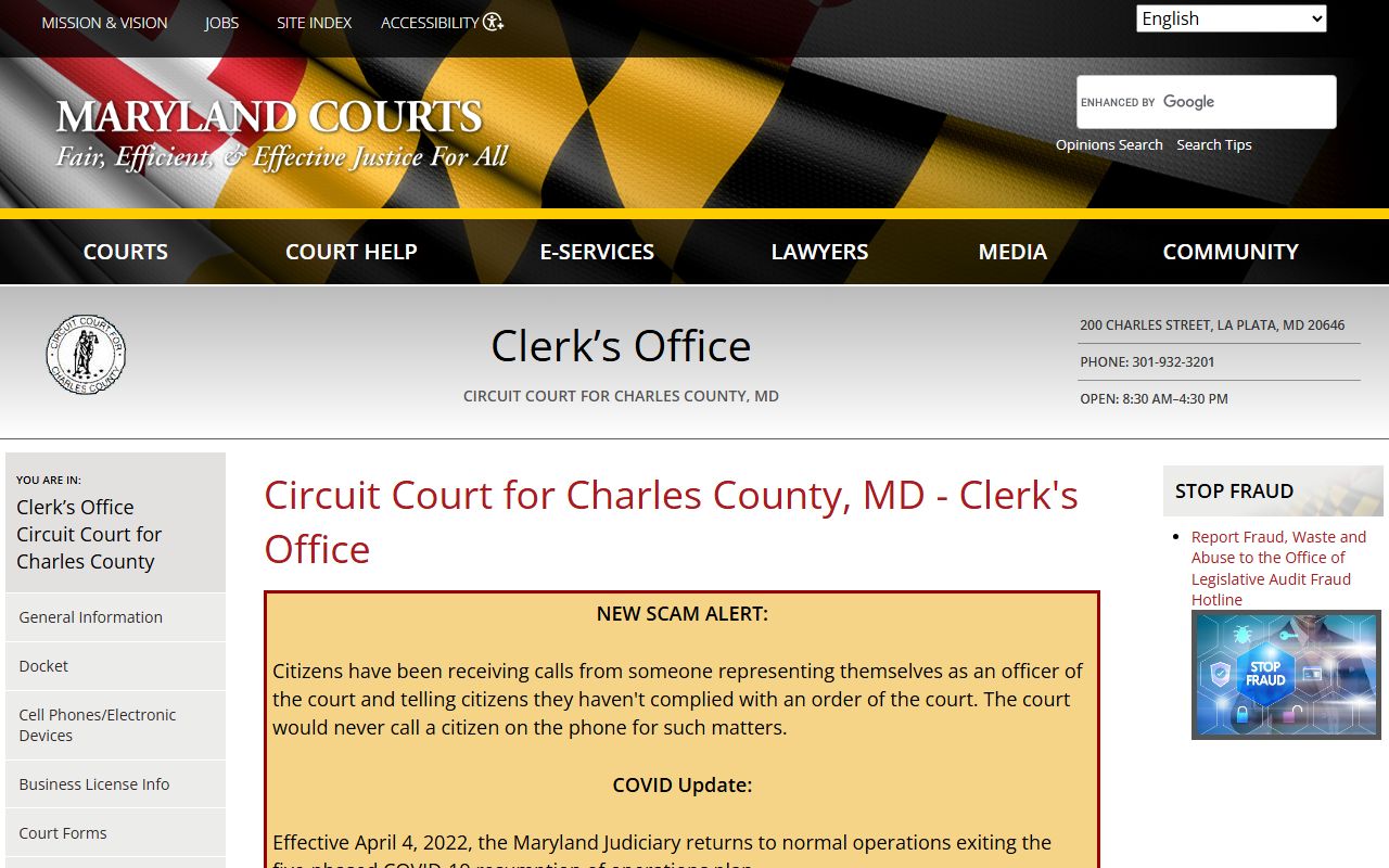 Charles County courts page showing court docket resources for La Plata