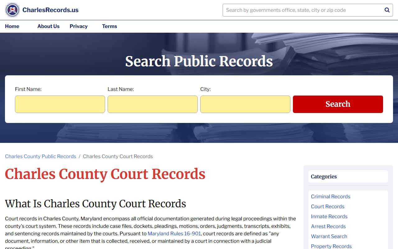 Charles Records court records resource for Charles County docket searches