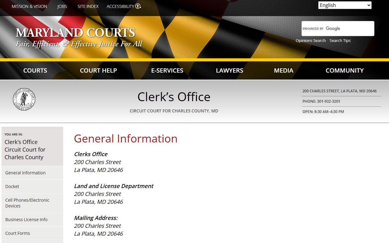 Charles County clerk general information page for court docket access and records