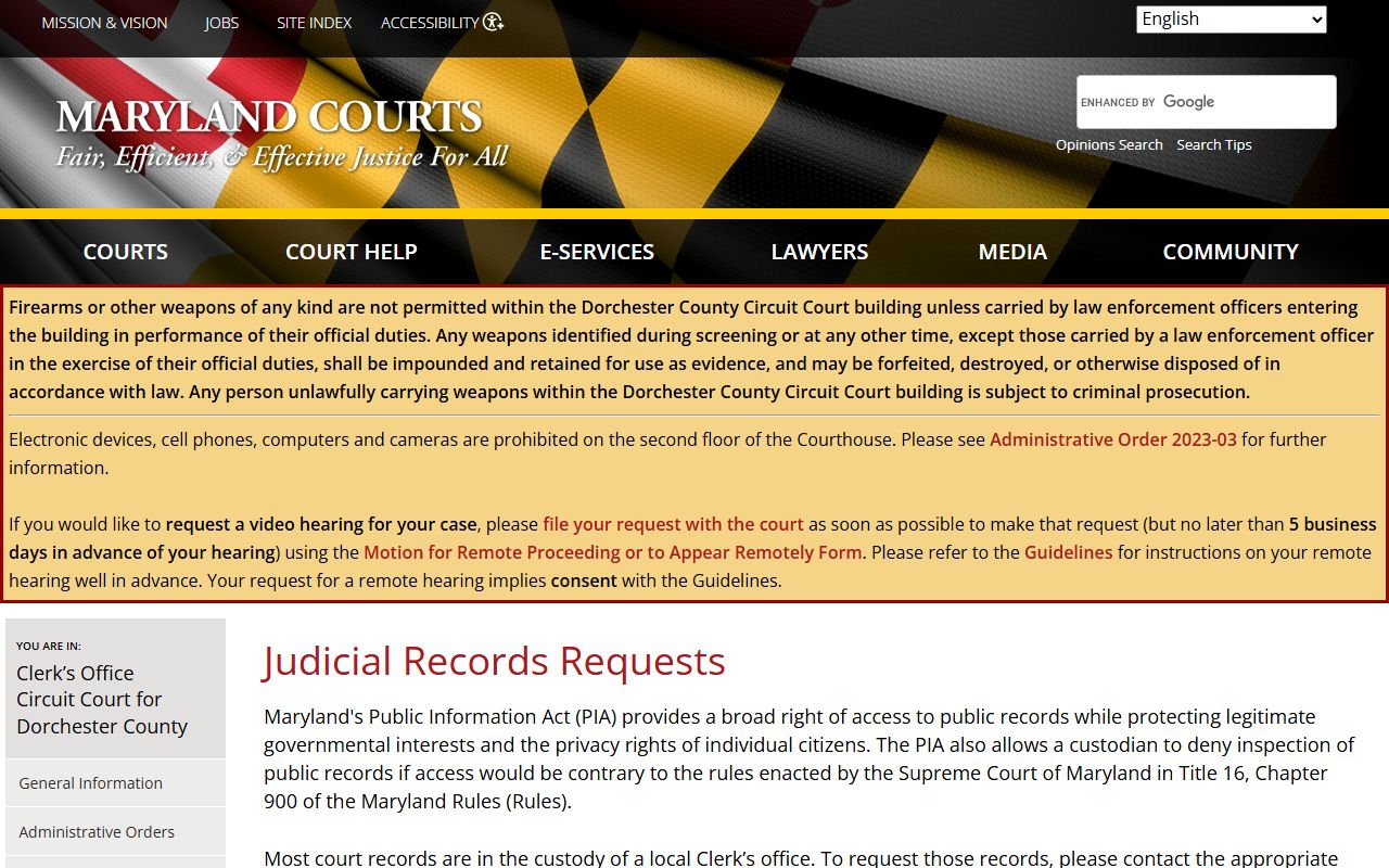 Dorchester County court records requests page showing how to obtain copies of docket files