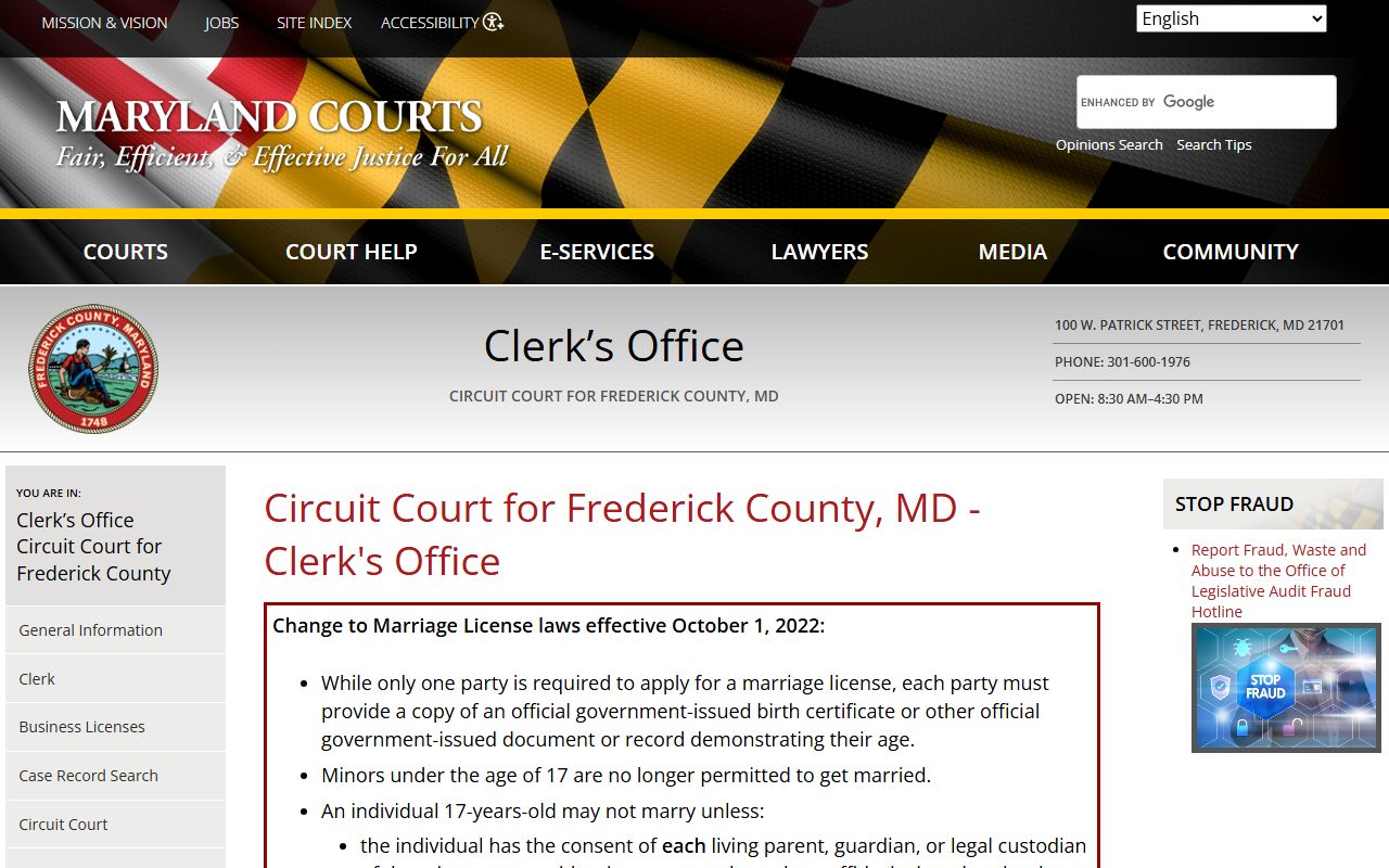 Frederick County Clerk of Court page showing court docket resources at 100 West Patrick Street