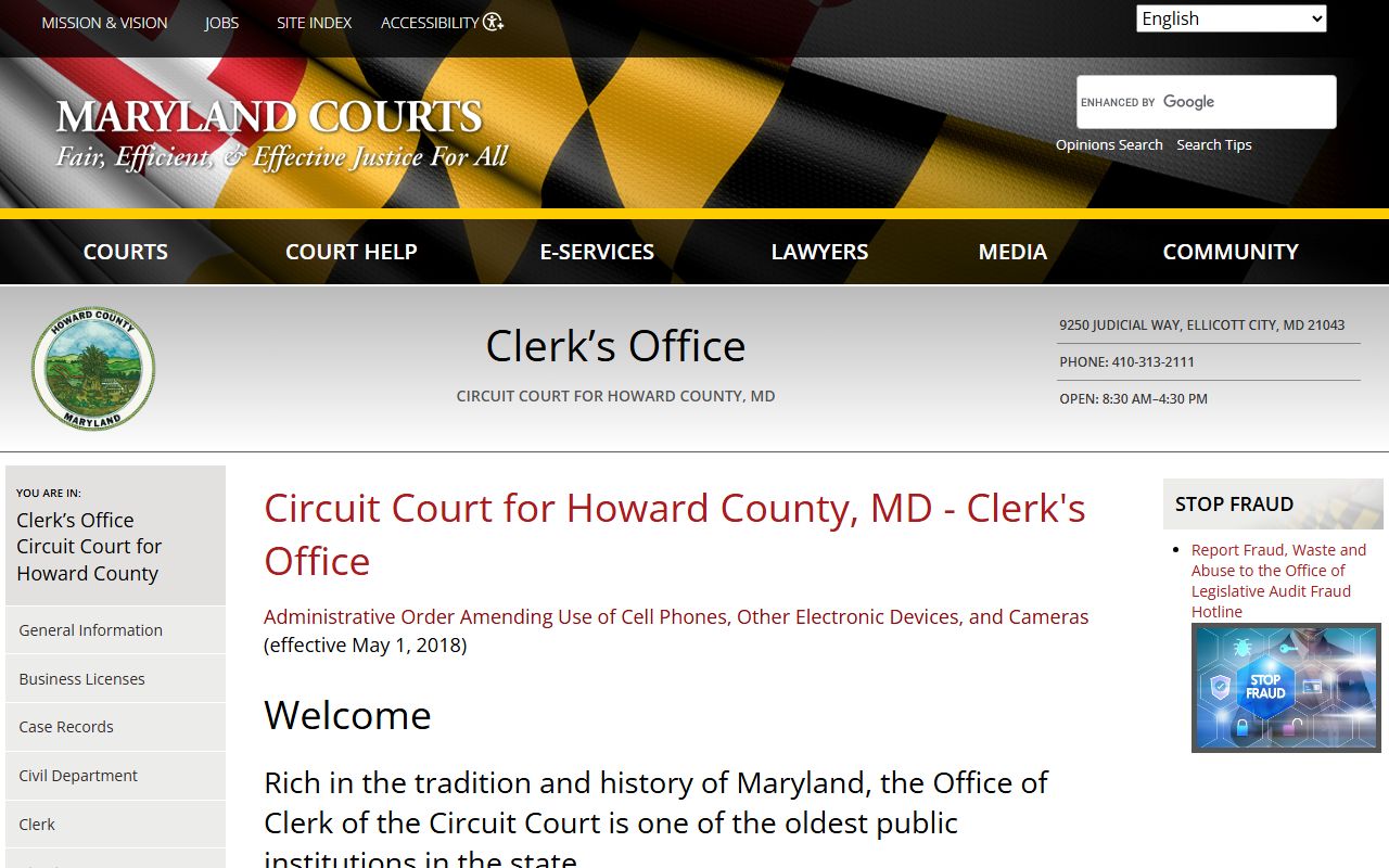 Howard County Circuit Court Clerk page for accessing court docket records