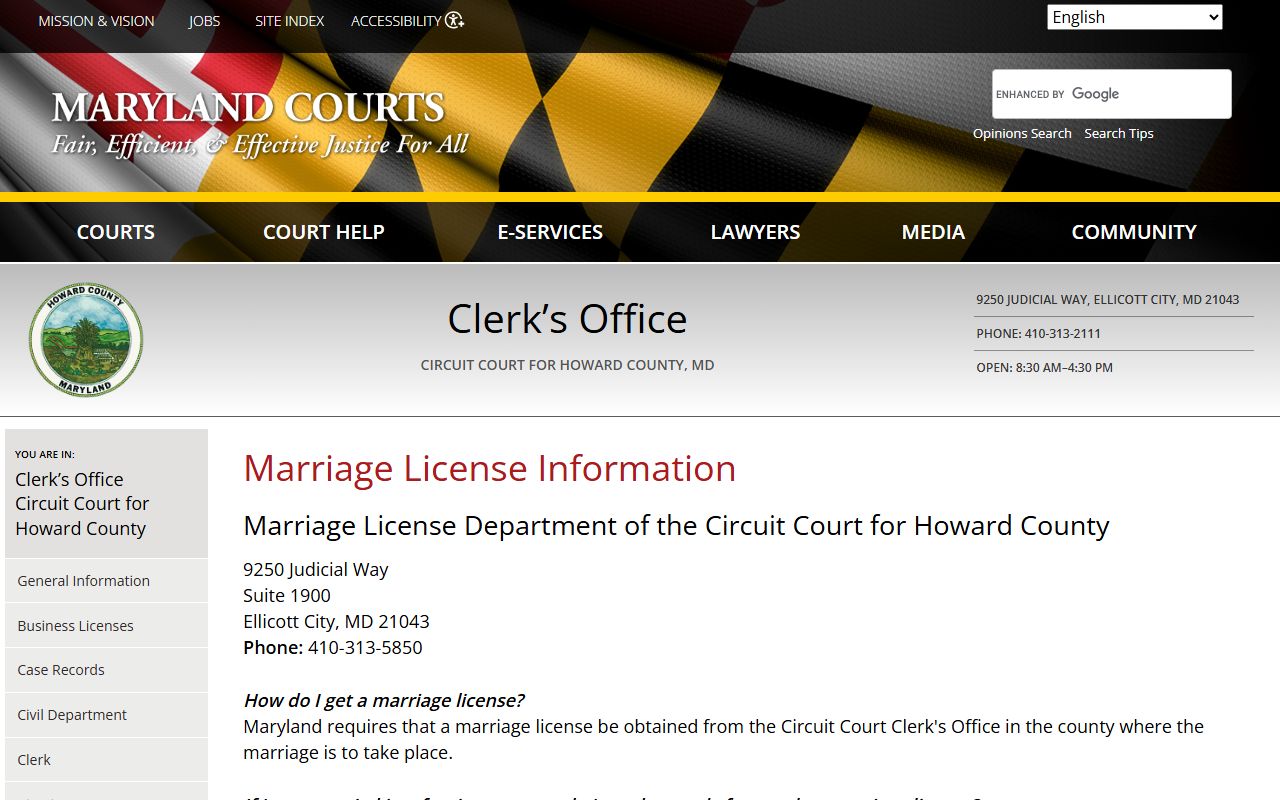 Howard County marriage licenses page for clerk records in Ellicott City