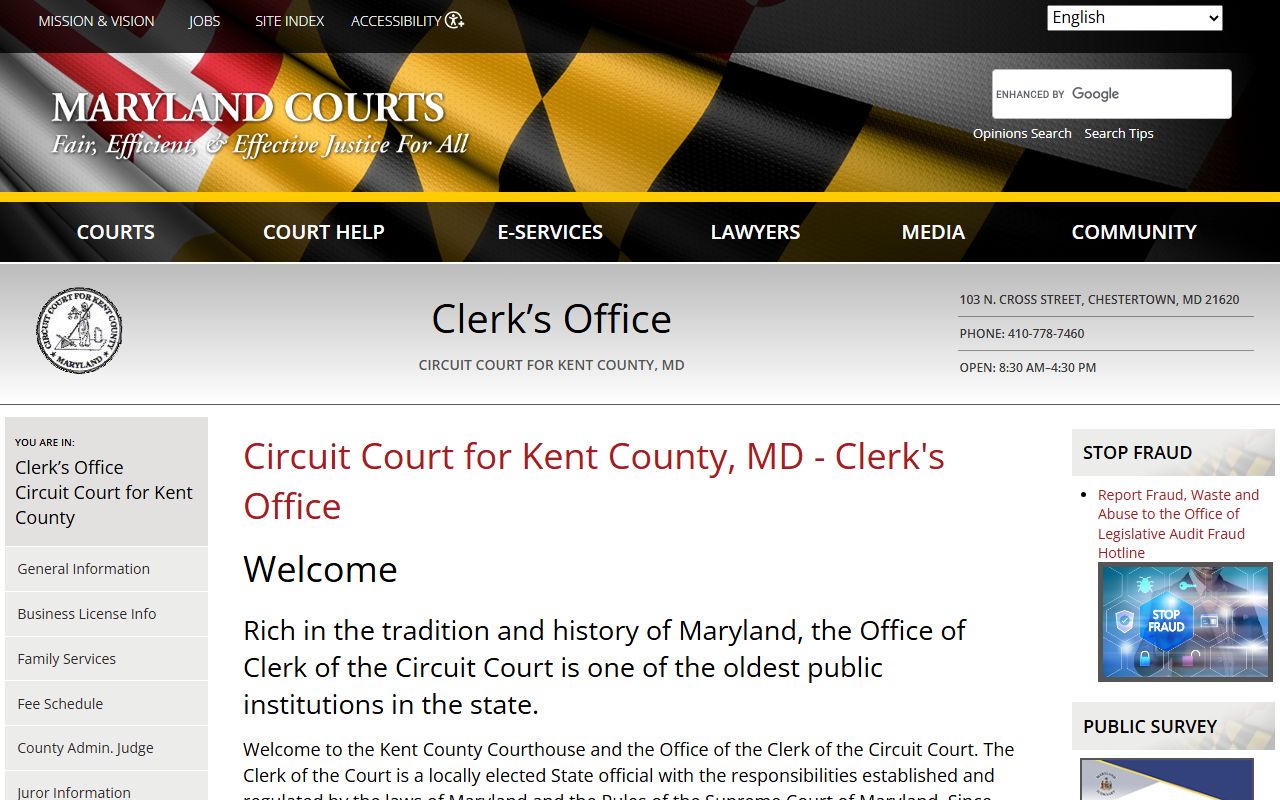 Kent County Circuit Court Clerk homepage for court docket records in Chestertown