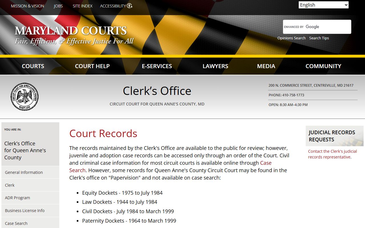 Queen Anne's County court records information page showing access options and fees