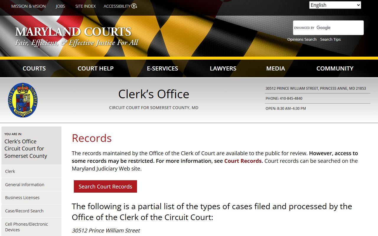 Somerset County records page showing records request procedures and copy fees