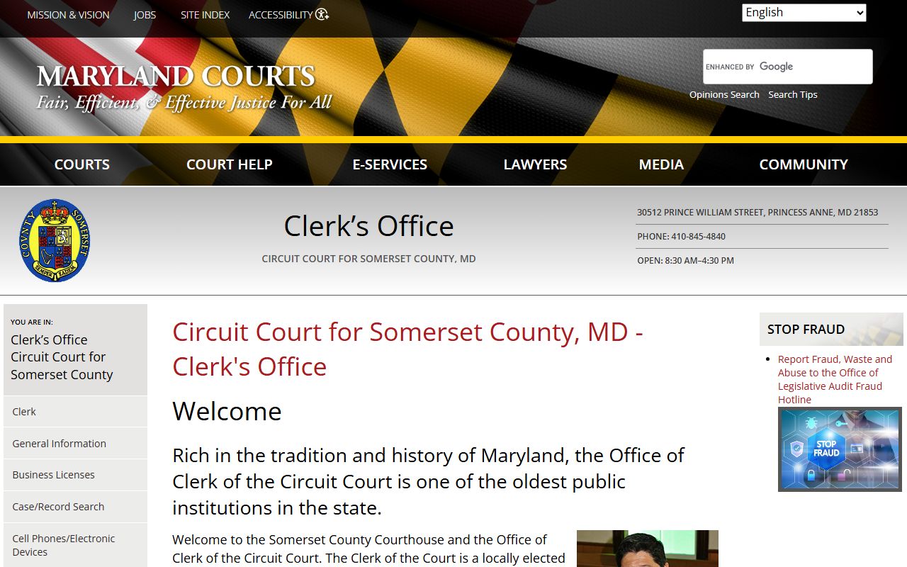 Somerset County Circuit Court Clerk page showing records access and contact information