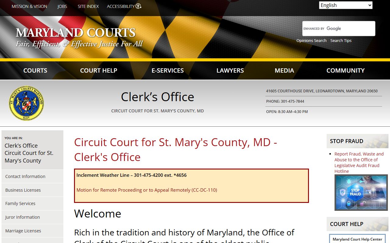 St. Mary's County Circuit Court Clerk page on Maryland Courts website