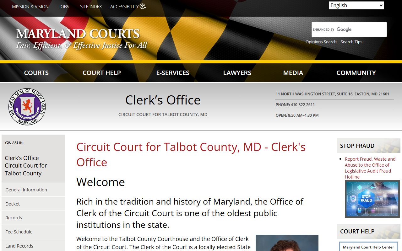Talbot County Clerk page showing records access and contact information