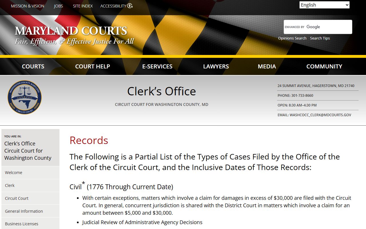 Washington County court records information page showing request procedures and copy fees
