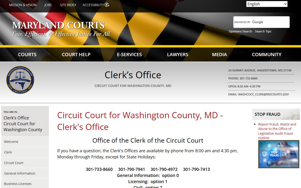 Washington County Circuit Court Clerk page showing contact information and services