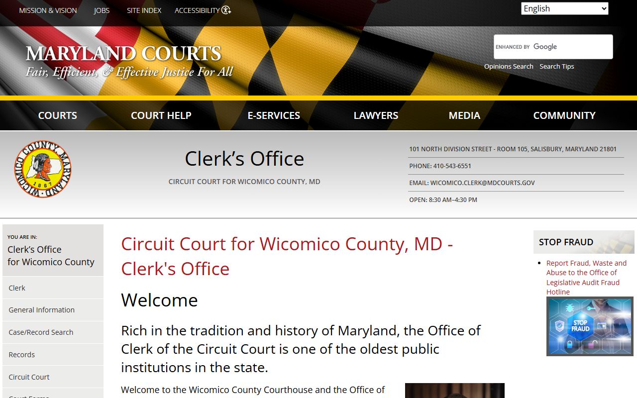 Wicomico County Circuit Court Clerk page showing records access and contact information