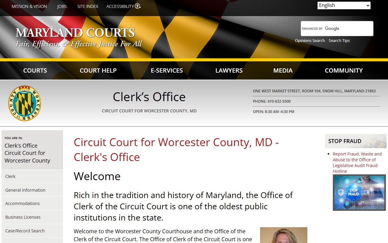 Worcester County Circuit Court Clerk homepage on Maryland Courts website