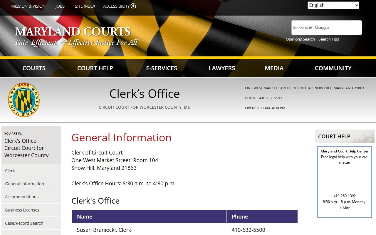 Worcester County general information page showing clerk services and record types