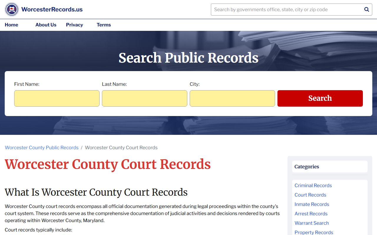 Worcester Records court records resource page for Worcester County court docket access