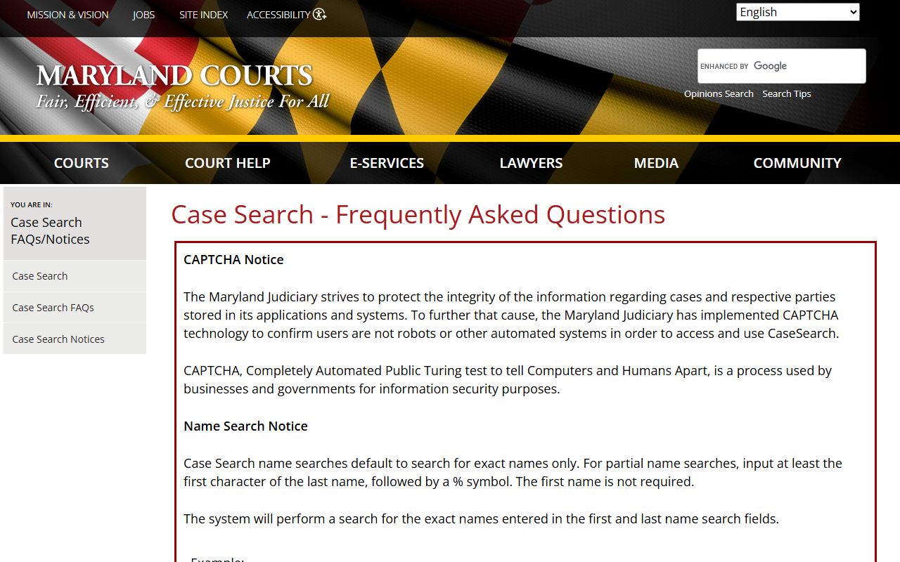 Maryland Judiciary Case Search FAQ and CAPTCHA verification page for court docket records