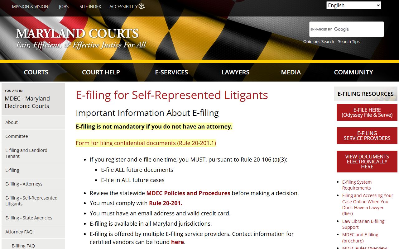 Maryland Electronic Courts MDEC public e-filing page for court docket and document access